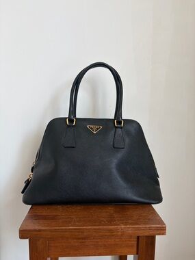 Vintage Prada Black Saffiano Satchel Tote Trapezoid Shape Gold Hardware